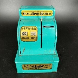Vintage Uncle Sam's 3 Coin Register Bank Teal Color